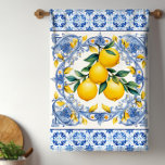 Mediterranean Tile Lemons Tea Towel<br><div class="desc">Mediterranean tile and lemon bouquet kitchen towels. Beautiful lemons on a blue and white Mediterranean tile background. You can add text to personalise.</div>