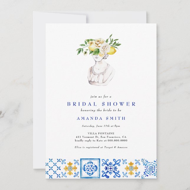Mediterranean Tile Main Squeze Lemon Bridal Shower Invitation (Front)