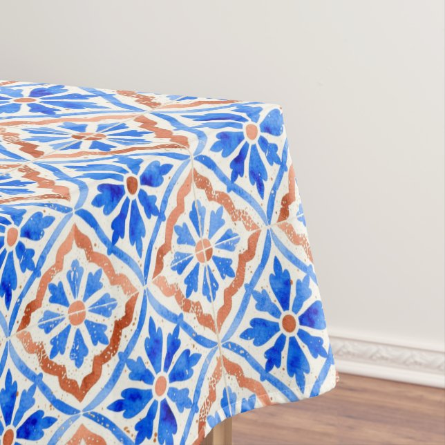 Mediterranean Tile Pattern Blue Terracotta Tablecloth (In Situ)