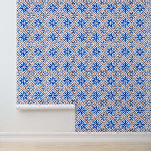 Mediterranean Tile Patterned Amalfi Coastal Blue Wallpaper