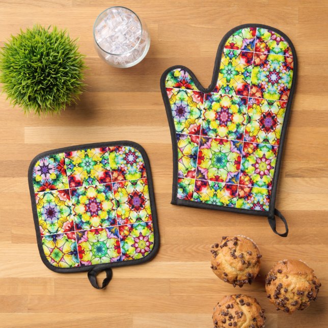 Mediterranean Tiles, Alcohol Ink Tiles, Majolica Oven Mitt & Pot Holder Set (Top Down)