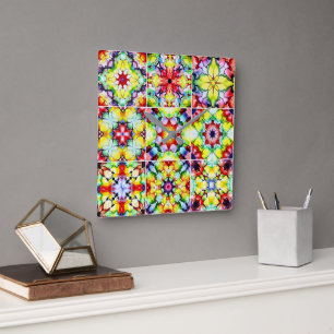 Mediterranean Tiles, Alcohol Ink Tiles, Majolica Square Wall Clock