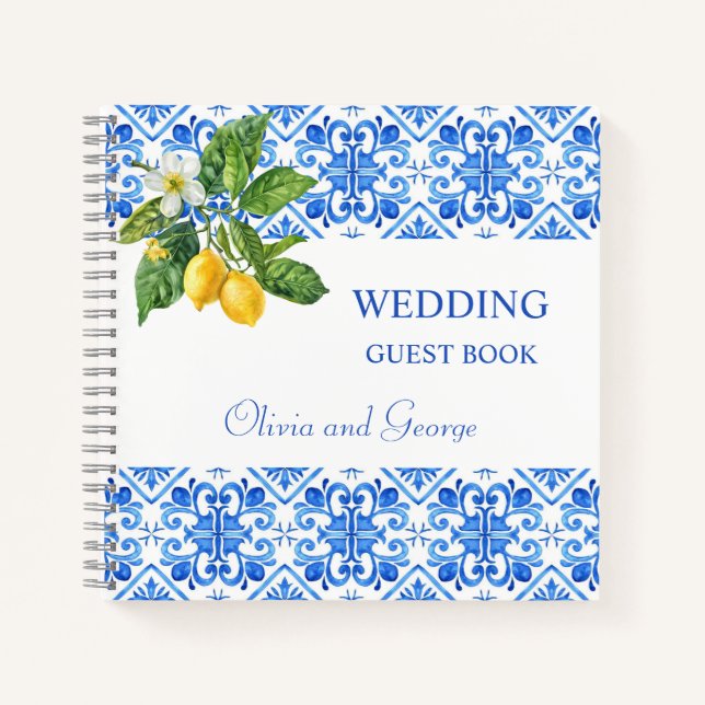 Mediterranean tiles and lemons wedding guest book  (Front)