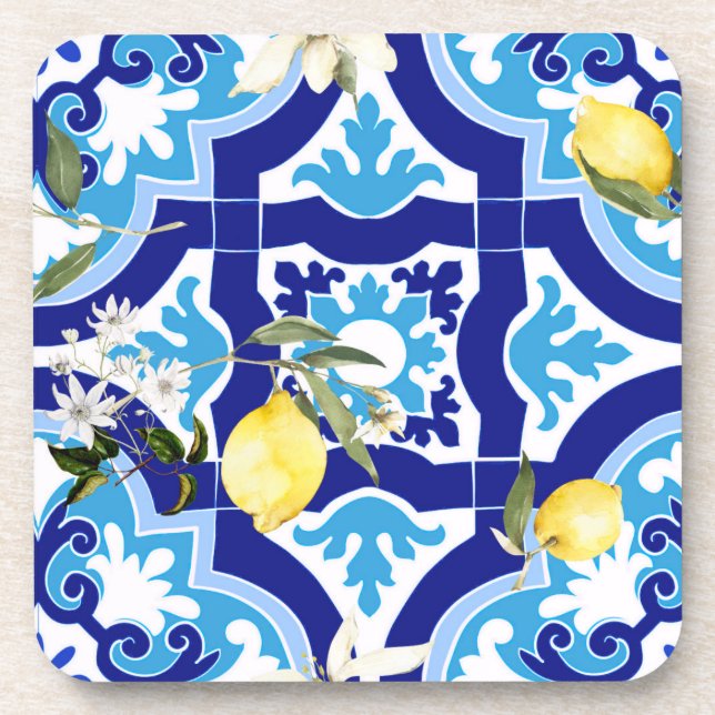 Mediterranean tiles,blue tiles,lemon, coaster (Front)
