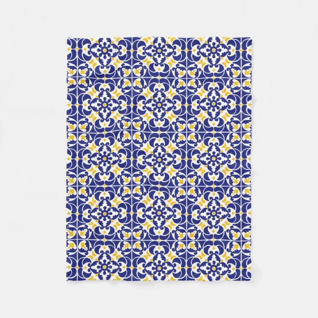 Mediterranean Tiles Blue & Yellow Pattern Fleece Blanket (Front)