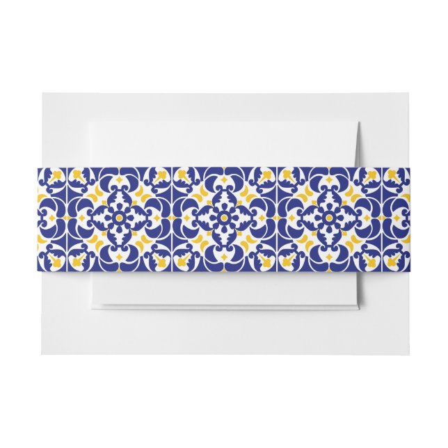 Mediterranean Tiles Blue & Yellow Pattern Invitation Belly Band (Front Example)