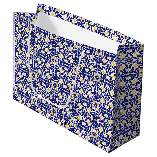 Mediterranean Tiles Blue & Yellow Pattern Large Gift Bag (Front Angled)