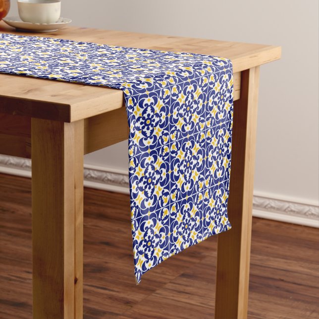 Mediterranean Tiles Blue & Yellow Pattern Long Table Runner (In Situ)