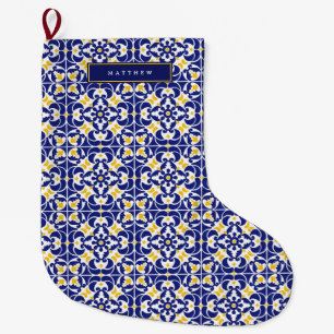 Mediterranean Tiles Blue & Yellow Pattern Name Large Christmas Stocking