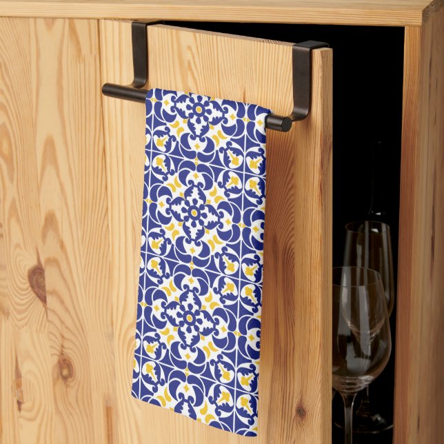 Mediterranean Tiles Blue & Yellow Pattern Tea Towel (Thirds Fold)