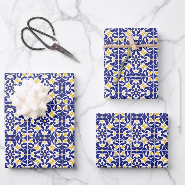 Mediterranean Tiles Blue & Yellow Pattern Wrapping Paper Sheet (Front)