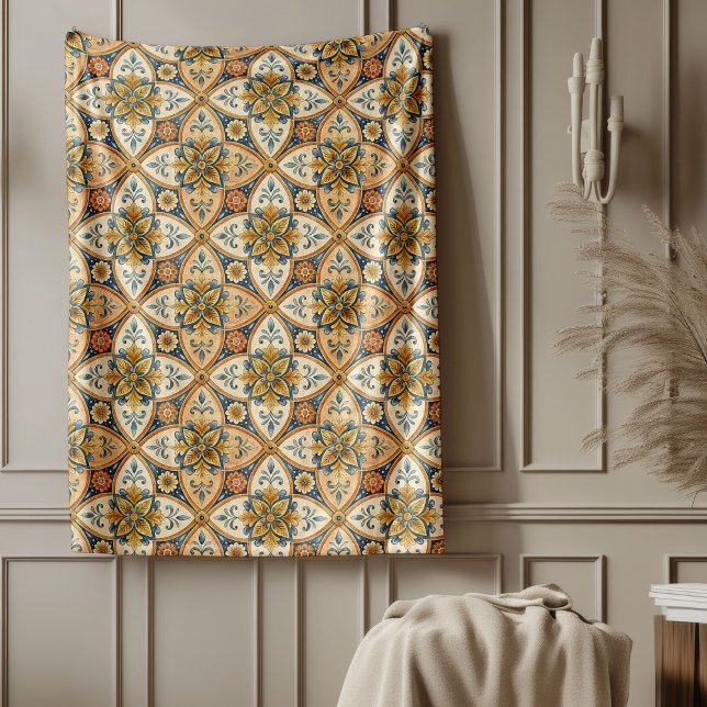 Mediterranean tiles, Greece pattern, Terracotta Fleece Blanket (Mediterranean tiles, Greece pattern, Terracotta Fleece Blanket)