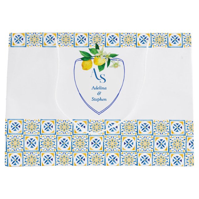 Mediterranean Tiles Italy Blue Crest Lemon Wedding Large Gift Bag (Front)