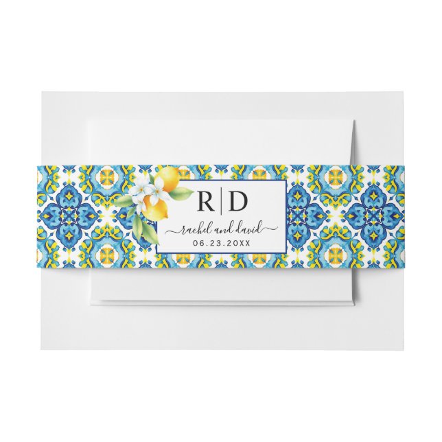 Mediterranean tiles, lemon branch blue wedding invitation belly band (Front Example)