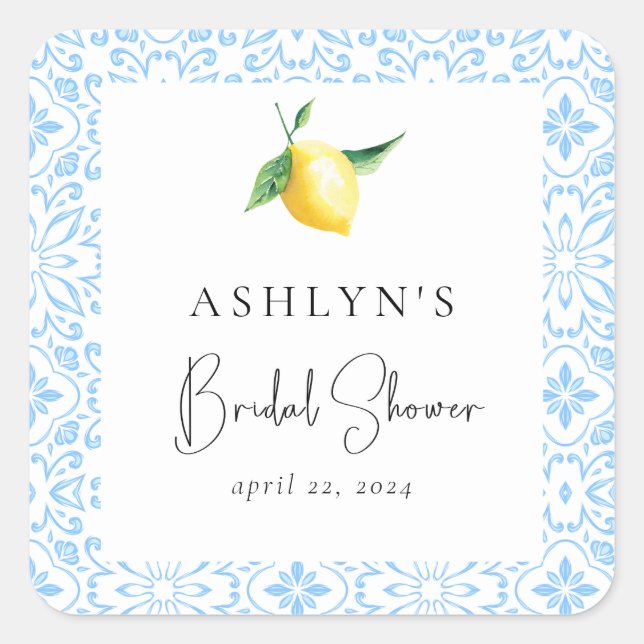Mediterranean Tiles Lemon Bridal Shower Sticker (Front)