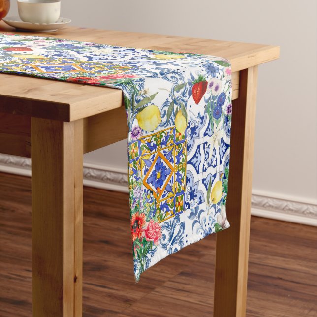 Mediterranean tiles,lemon,flowers,majolica,summer, medium table runner (In Situ)