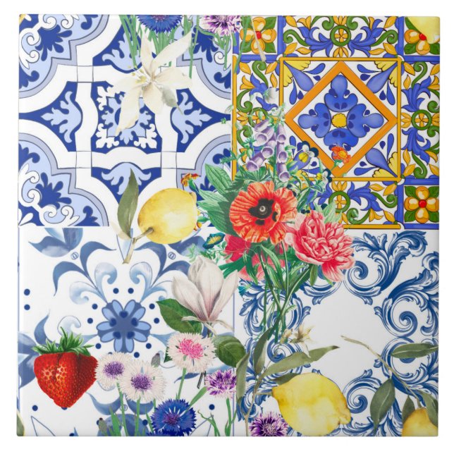 Mediterranean tiles,lemon,flowers,majolica,summer, tile (Front)