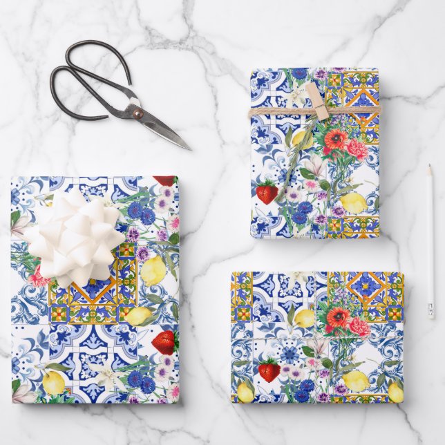 Mediterranean tiles,lemon,flowers,majolica,summer, wrapping paper sheet (Front)