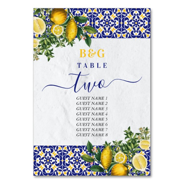 Mediterranean Tiles Lemon Wedding Itinerary  Table Number (Front)