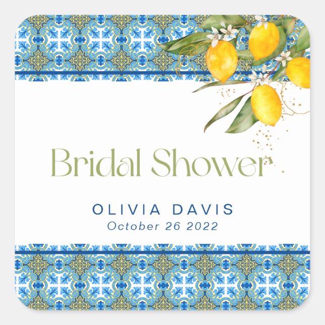 Mediterranean Tiles Lemons Bridal Shower Square Sticker (Front)