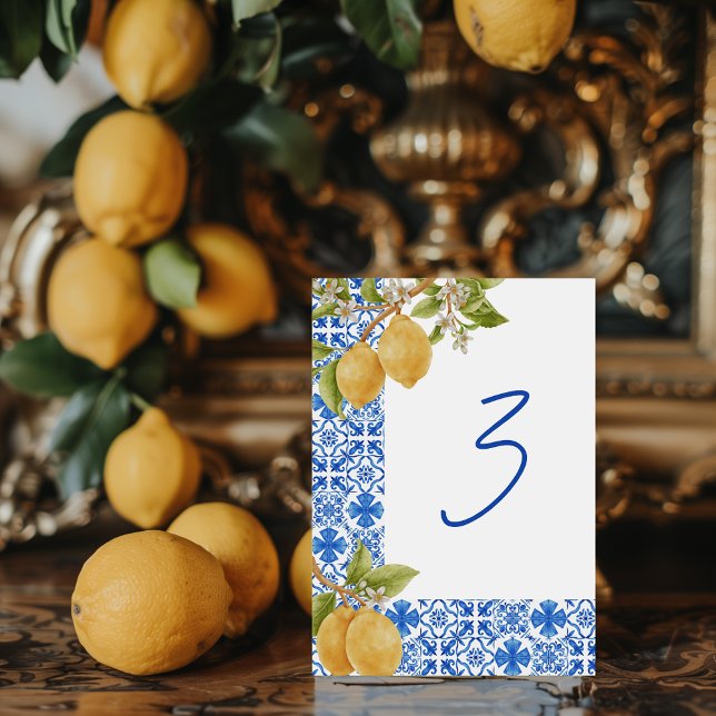 Mediterranean Tiles Lemons Italy Unique Table Number (Mediterranean Tiles Lemons Wedding Table Number)