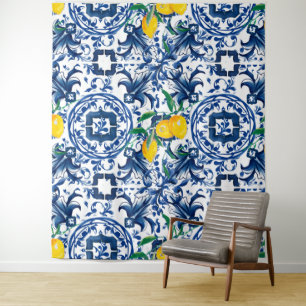 Mediterranean tiles,majolica,blue tiles,lemons  tapestry