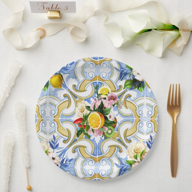 Mediterranean tiles, majolica,Sicilian style     Paper Plate (Wedding)