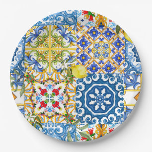 Mediterranean tiles, majolica,Sicilian style      Paper Plate