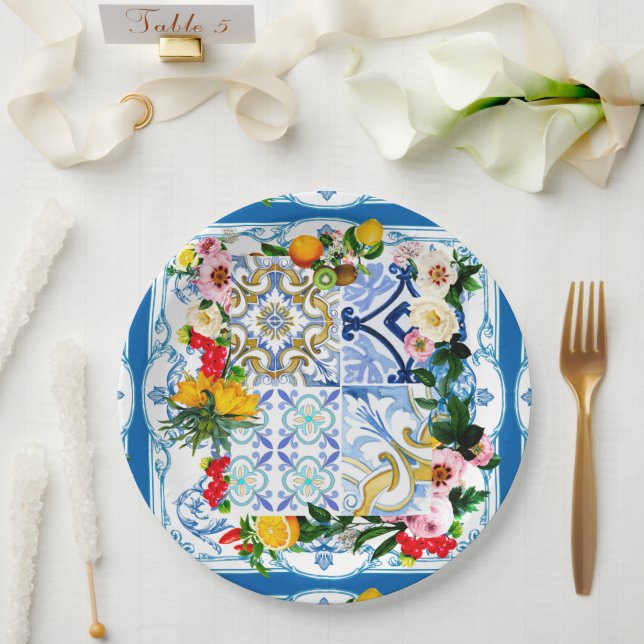 Mediterranean tiles, majolica,Sicilian style     Paper Plate (Wedding)