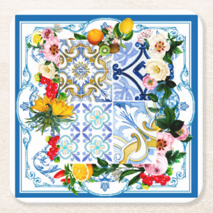 Mediterranean tiles, majolica,Sicilian style     Square Paper Coaster