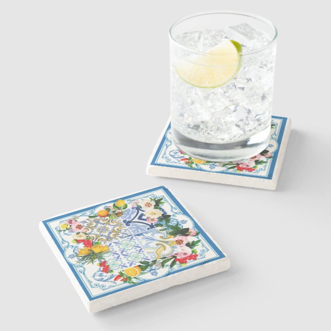 Mediterranean tiles, majolica,Sicilian style     Stone Coaster (Side)