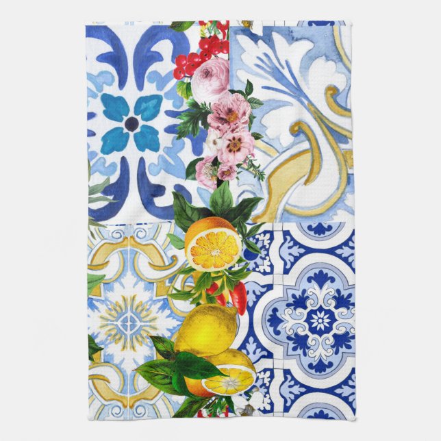 Mediterranean tiles, majolica,Sicilian style    Tea Towel (Vertical)