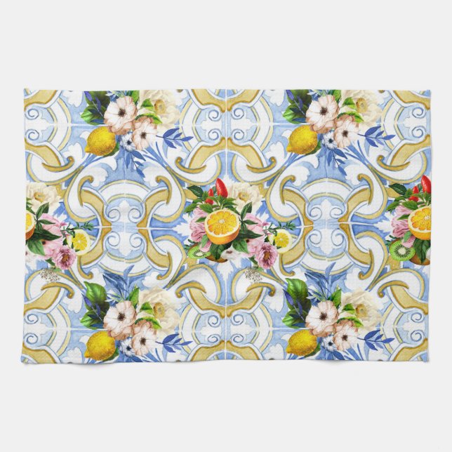 Mediterranean tiles, majolica,Sicilian style     Tea Towel (Horizontal)