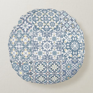 Mediterranean Tiles, Moroccan, Majolica, Azulejo Round Cushion