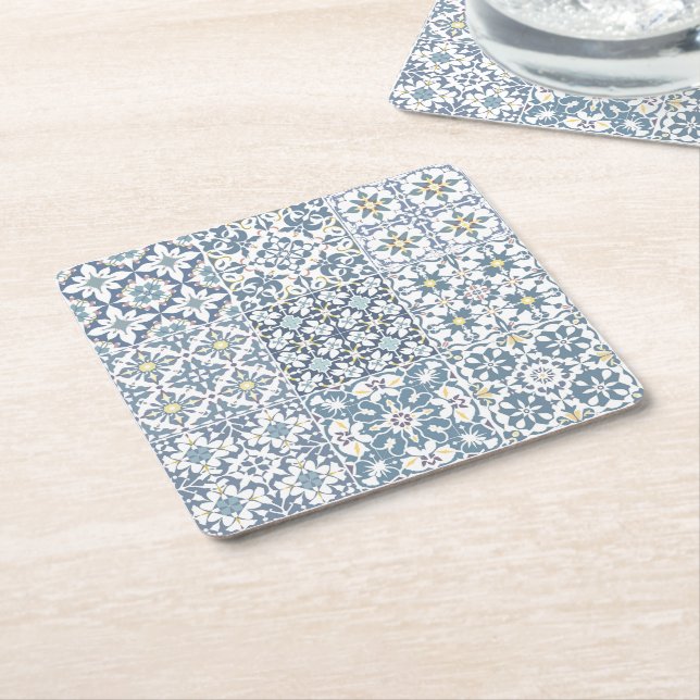 Mediterranean Tiles, Moroccan, Majolica, Azulejo Square Paper Coaster (Angled)