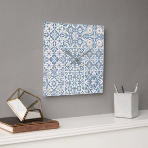 Mediterranean Tiles, Moroccan, Majolica, Azulejo Square Wall Clock