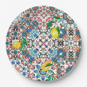 Mediterranean tiles,mosaic,lemon,summer art paper plate