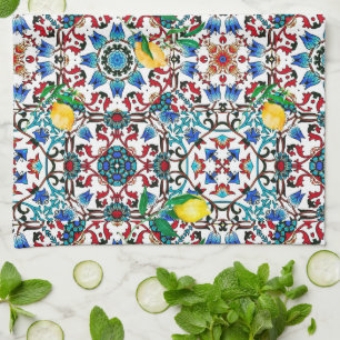 Mediterranean tiles,mosaic,lemon,summer art tea towel