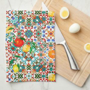 Mediterranean tiles,mosaic,lemon,summer art tea towel