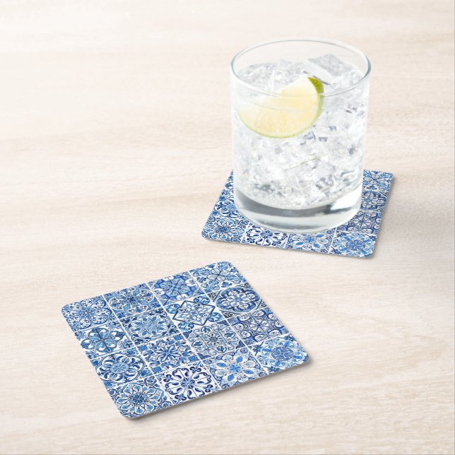 Mediterranean Tiles, Portugese, Azulejo, Majolica Square Paper Coaster (Insitu)