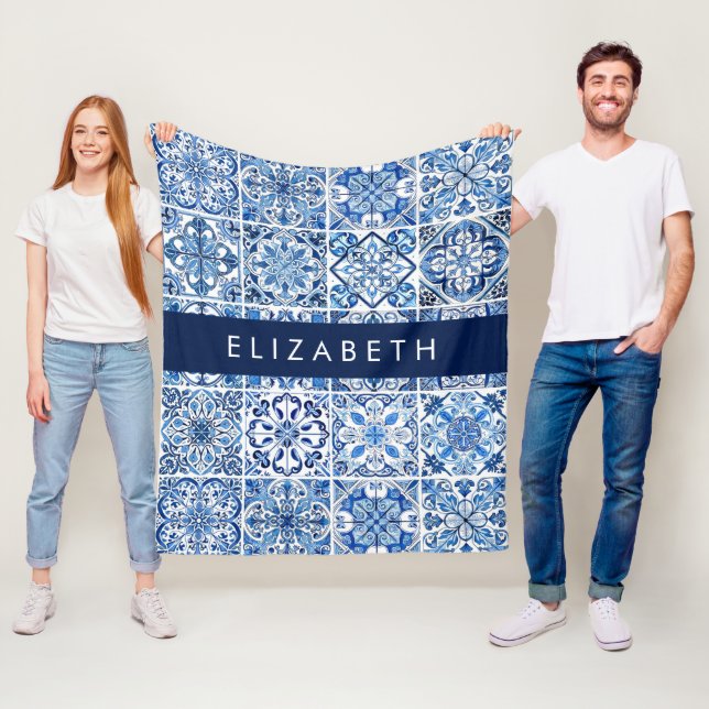Mediterranean Tiles, Portugese, Azulejo, Your Name Fleece Blanket (In Situ)