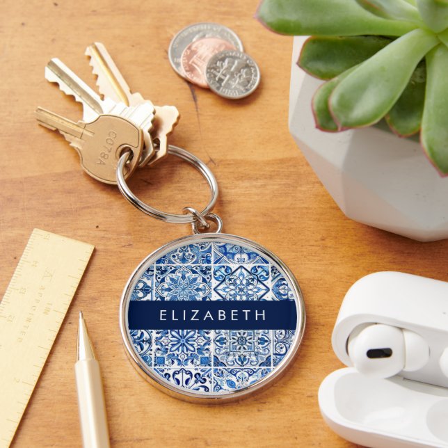 Mediterranean Tiles, Portugese, Azulejo, Your Name Key Ring (Desk)