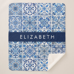 Mediterranean Tiles, Portugese, Azulejo, Your Name Sherpa Blanket
