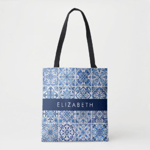 Mediterranean Tiles, Portugese, Azulejo, Your Name Tote Bag