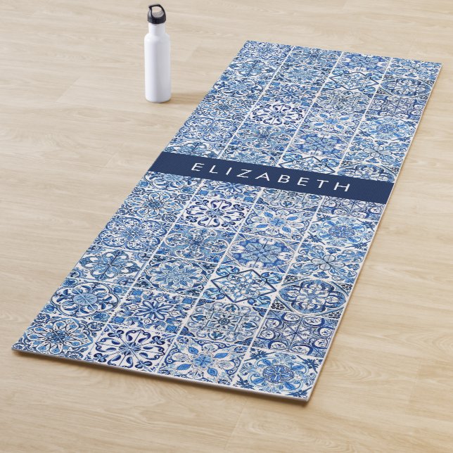 Mediterranean Tiles, Portugese, Azulejo, Your Name Yoga Mat (In Situ)