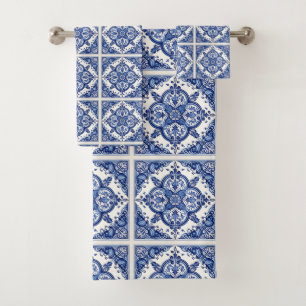 Mediterranean Tiles, Portuguese, Azulejo, Majolica Bath Towel Set