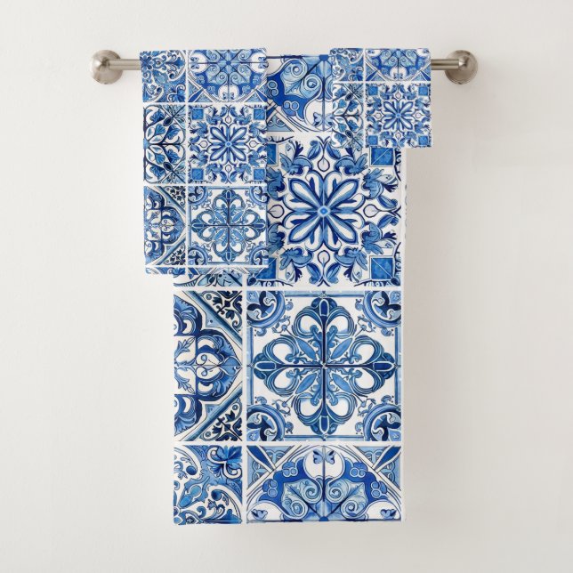 Mediterranean Tiles, Portuguese, Azulejo, Majolica Bath Towel Set (Insitu)