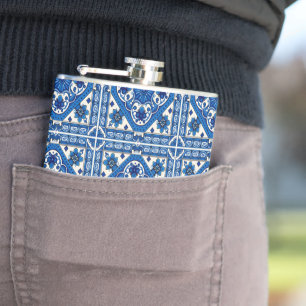 Mediterranean Tiles, Portuguese, Azulejo, Majolica Hip Flask