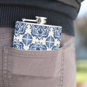 Mediterranean Tiles, Portuguese, Azulejo, Majolica Hip Flask