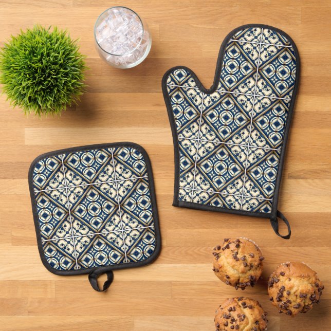Mediterranean Tiles, Portuguese, Azulejo, Majolica Oven Mitt & Pot Holder Set (Top Down)